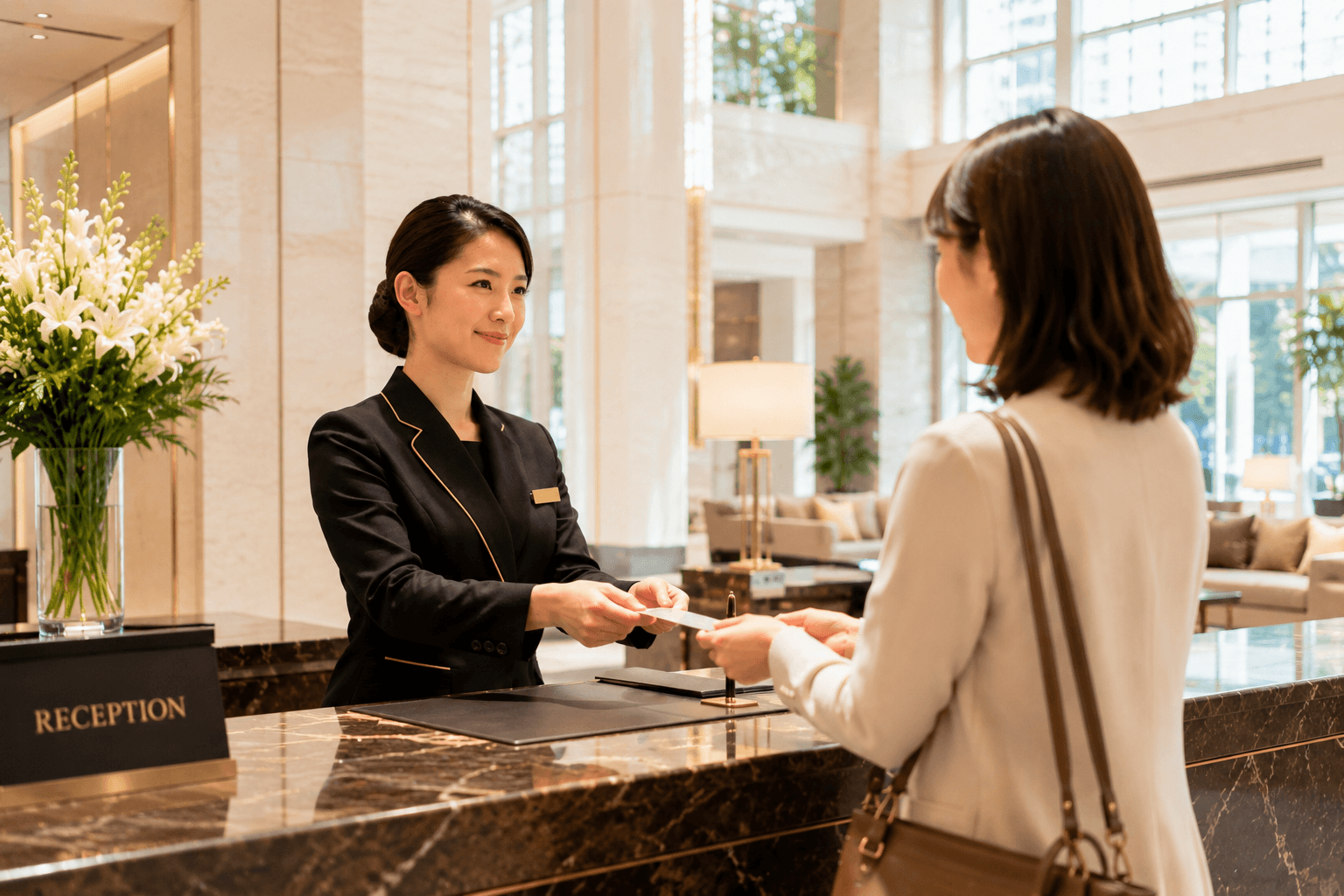 ホテルのフロントで接客するスタッフ